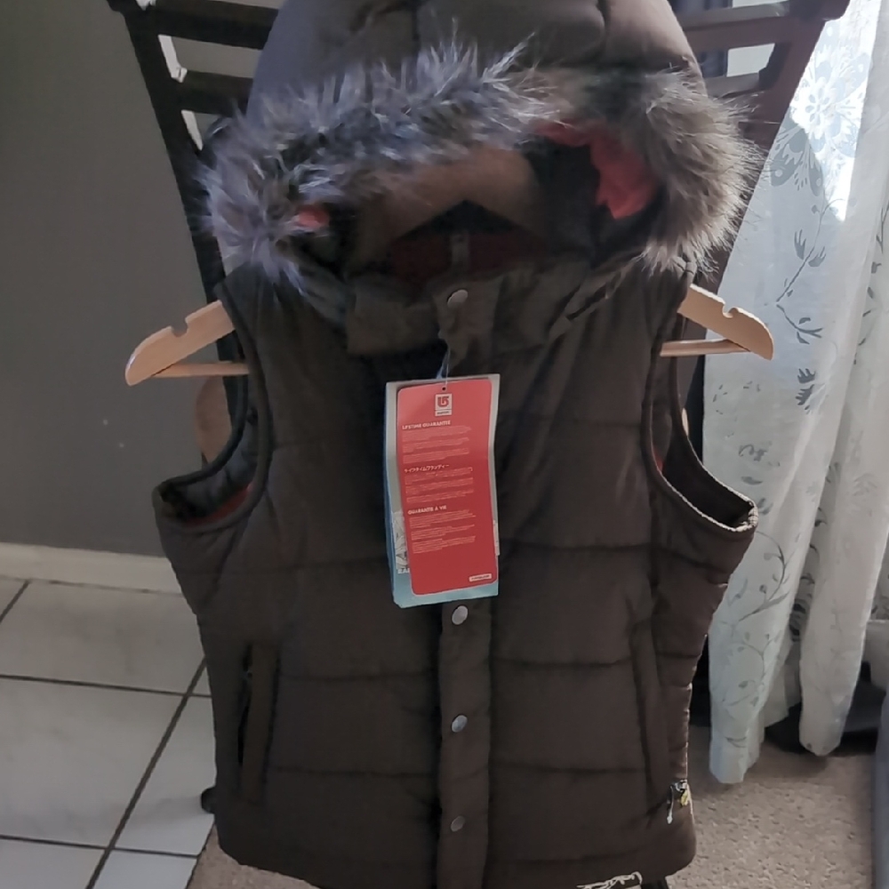 Women's Brown Puffer Vest with Faux Fur Hood